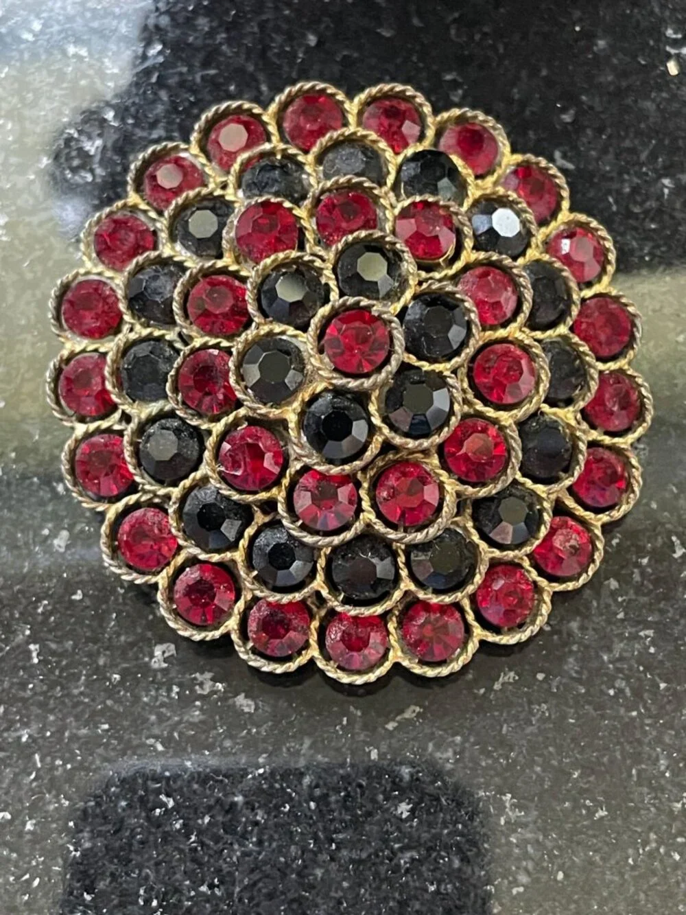 Vintage 1960s Signed Lisner Ruby Red Smoked Topaz Rhinestone Domed Brooch Pin